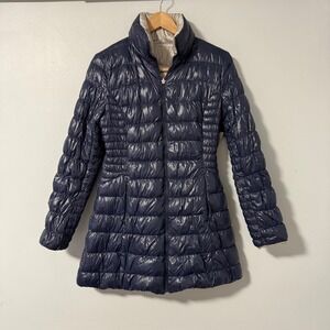Laundry by Shelli Segal Reversible Down Puffer Coat Jacket Navy Champagne Size S